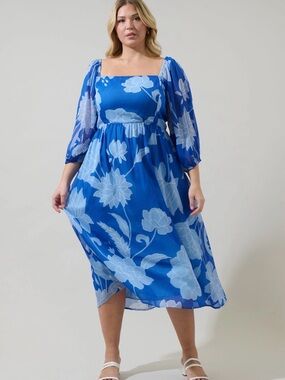 New Sugarlips Blue Floral Puff-Sleeve Midi Dress size 2X 🌹🌸🌺 BRB SL